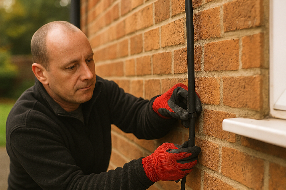 Photograph of an electrician running external cabling or securing a wall-mounted EV charger.